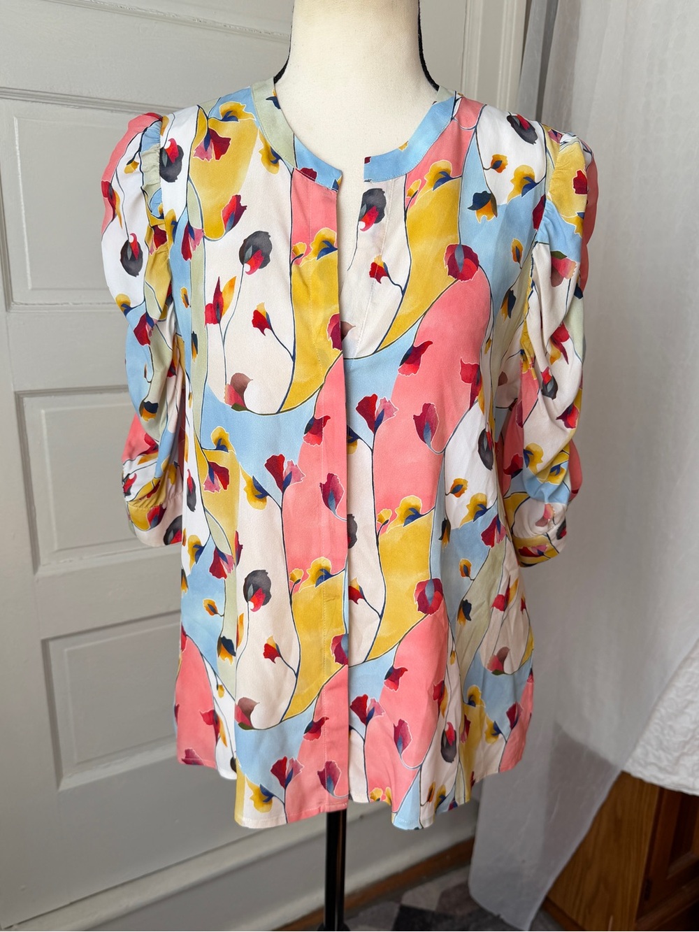 ecru Silk Colorful Button Front Puff Sleeve  Blouse Artsy Retro Pinup Teacher
